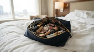 Packing a makeup bag with a lip primer for long-lasting lipstick for a weekend trip.