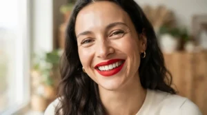 Wearing a lip primer for long-lasting lipstick under a bold velvet shade.