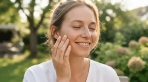 Demonstration of oil-control benefits using matte setting spray for oily skin on a warm afternoon.