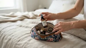 Packing travel-friendly matte setting spray for oily skin in a makeup bag for a trip.