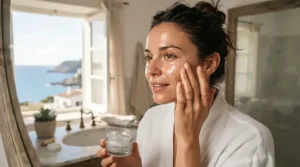 A woman applying mattifying primer for humid climates while getting ready for a sunny beach day.