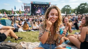 An outdoor music festival attendee using a mattifying primer for humid climates to prevent shine.