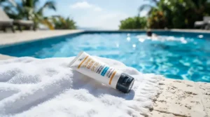 Oil-control mattifying primer for humid climates resting on a lounger by a sunny outdoor pool.