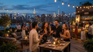 A person touching up their makeup with a mattifying primer for humid climates at a rooftop party.