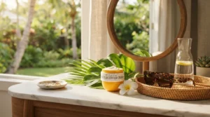 A traveler packing a mattifying primer for humid climates for a tropical resort getaway.