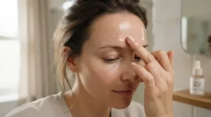 Smoothing a hydrating face primer for dry skin over flaky areas for a smooth finish