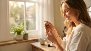 A young adult holding a nourishing facial primer for delicate skin under 15 with a happy expression in a sunlit room.