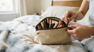 Packing a travel-size eye primer for oily eyelids into a makeup bag for weekend trips.